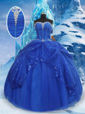 Nice Royal Blue Tulle Lace Up Quinceanera Dress Sleeveless Floor Length Beading and Pick Ups