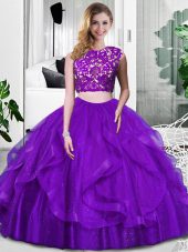 Purple Zipper Ball Gown Prom Dress Lace and Ruffles Sleeveless Floor Length