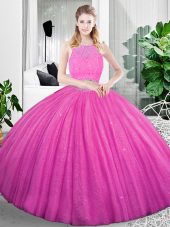Scoop Sleeveless Quince Ball Gowns Floor Length Lace and Ruching Fuchsia Organza
