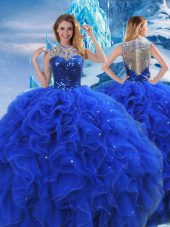 Ball Gowns Sweet 16 Dresses Royal Blue Scoop Organza Sleeveless Floor Length Zipper