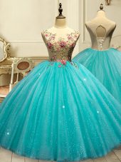 Suitable Aqua Blue Lace Up Scoop Appliques and Sequins 15 Quinceanera Dress Tulle Sleeveless