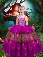 Floor Length Lace Up Child Pageant Dress Fuchsia for Quinceanera and Wedding Party with Beading and Ruffled Layers