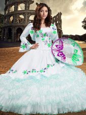 Dramatic Square Long Sleeves Organza Quinceanera Dress Embroidery and Ruffled Layers Lace Up