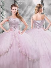 Superior Lilac Side Zipper Sweet 16 Dresses Beading and Appliques Cap Sleeves Brush Train