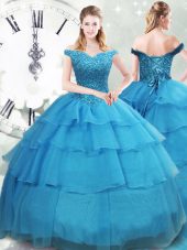 Captivating Ball Gowns Sleeveless Baby Blue Quince Ball Gowns Brush Train Lace Up
