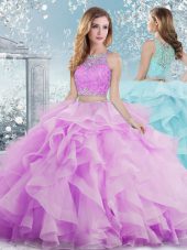 Sumptuous Lilac Sleeveless Floor Length Beading and Ruffles Clasp Handle Quinceanera Dress