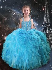 Floor Length Aqua Blue Kids Pageant Dress Organza Sleeveless Beading and Ruffles