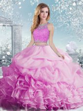 Scoop Sleeveless Sweet 16 Quinceanera Dress Floor Length Beading and Ruffles and Pick Ups Lilac Organza