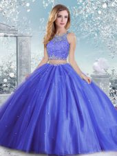 Sweet Blue Scoop Neckline Beading and Sequins Sweet 16 Dress Sleeveless Clasp Handle