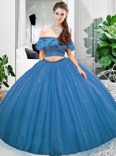 Cheap Floor Length Blue 15th Birthday Dress Off The Shoulder Sleeveless Lace Up