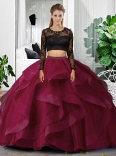 Fuchsia Backless 15 Quinceanera Dress Lace and Ruffles Long Sleeves Floor Length