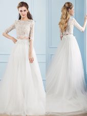Scoop Half Sleeves Tulle Wedding Dresses Lace Court Train Zipper