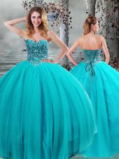 Sleeveless Floor Length Beading Lace Up Quinceanera Dress with Aqua Blue