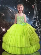 Straps Sleeveless Womens Party Dresses Floor Length Beading and Ruffled Layers Yellow Green Tulle