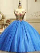 Sophisticated Baby Blue Vestidos de Quinceanera Military Ball and Sweet 16 and Quinceanera with Appliques and Sequins Scoop Sleeveless Lace Up