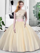 Scoop Sleeveless Quinceanera Gown Floor Length Lace and Appliques and Ruching Champagne Taffeta