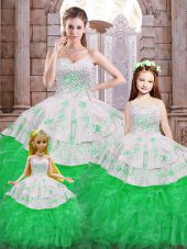 Ideal Green Quince Ball Gowns Military Ball and Sweet 16 and Quinceanera with Beading and Appliques and Ruffles Sweetheart Sleeveless Lace Up
