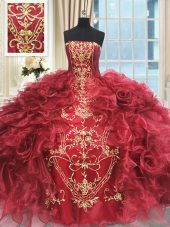 Gorgeous Appliques and Ruffles Quinceanera Gown Wine Red Lace Up Sleeveless Floor Length
