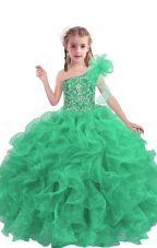 One Shoulder Sleeveless Little Girl Pageant Gowns Floor Length Beading and Ruffles Apple Green Organza