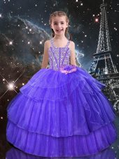 High Class Straps Sleeveless Lace Up Little Girl Pageant Gowns Eggplant Purple Organza