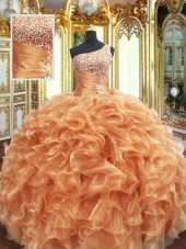 Adorable Orange Ball Gowns Beading and Ruffles Sweet 16 Dresses Lace Up Organza Sleeveless Floor Length