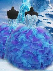 Wonderful Beading and Ruffles Quinceanera Gown Blue Lace Up Sleeveless Floor Length