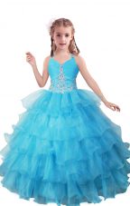 V-neck Sleeveless Little Girl Pageant Gowns Floor Length Beading and Ruffled Layers Baby Blue Organza