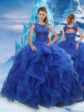 Elegant Ball Gowns Sweet 16 Quinceanera Dress Blue Scoop Organza Sleeveless Floor Length Lace Up