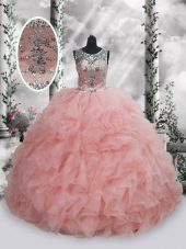 Fabulous Scoop Sleeveless Sweet 16 Dress Floor Length Beading and Ruffles Baby Pink Organza