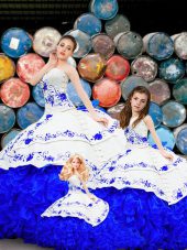 Fantastic Royal Blue Vestidos de Quinceanera Military Ball and Sweet 16 and Quinceanera with Embroidery and Ruffles Strapless Sleeveless Brush Train Lace Up