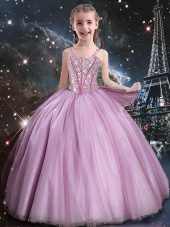 Adorable Sleeveless Lace Up Floor Length Beading Pageant Gowns For Girls