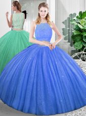Deluxe Sleeveless Organza Floor Length Zipper Sweet 16 Dresses in Baby Blue with Lace and Ruching
