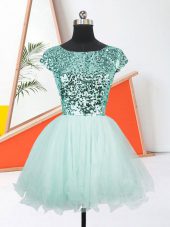 Amazing Apple Green A-line Sequins Lace Up Organza Short Sleeves Mini Length