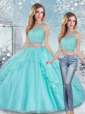 Glorious Beading and Lace and Sashes ribbons 15th Birthday Dress Aqua Blue Clasp Handle Sleeveless Floor Length
