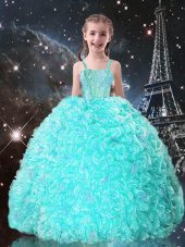 Attractive Turquoise Ball Gowns Straps Sleeveless Organza Floor Length Lace Up Beading and Ruffles Kids Pageant Dress