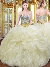 Customized Sweetheart Sleeveless Quinceanera Dress Floor Length Beading and Ruffles Light Yellow Organza