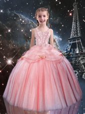 Rose Pink Tulle Lace Up Straps Sleeveless Floor Length Kids Formal Wear Beading