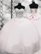 Spectacular Brush Train Ball Gowns Quince Ball Gowns Pink Sweetheart Tulle Sleeveless Lace Up