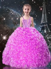 New Arrival Fuchsia Organza Lace Up Kids Formal Wear Sleeveless Floor Length Beading and Ruffles
