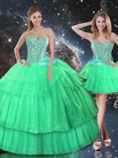 Apple Green Lace Up Quinceanera Dress Ruffled Layers and Sequins Sleeveless Floor Length