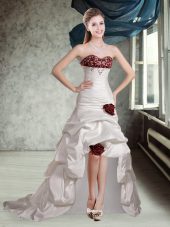 Appliques and Pick Ups and Hand Made Flower Bridal Gown White And Red Lace Up Sleeveless High Low Brush Train