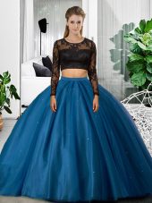 Romantic Long Sleeves Floor Length Lace and Ruching Backless Sweet 16 Quinceanera Dress with Blue