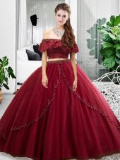 Modern Off The Shoulder Sleeveless Ball Gown Prom Dress Floor Length Lace and Ruffles Burgundy Tulle