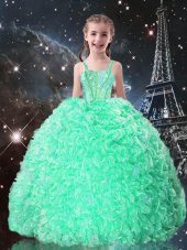 New Style Apple Green Organza Lace Up Little Girl Pageant Dress Sleeveless Floor Length Beading and Ruffles