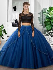 Captivating Blue Long Sleeves Floor Length Lace and Ruching Backless Quinceanera Gown