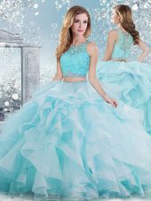 On Sale Aqua Blue Sleeveless Beading and Ruffles Floor Length 15 Quinceanera Dress