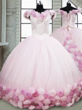 Sleeveless Hand Made Flower Lace Up Sweet 16 Quinceanera Dress with Pink Brush Train