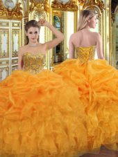 Delicate Sweetheart Sleeveless Vestidos de Quinceanera Floor Length Beading and Ruffles Orange Organza