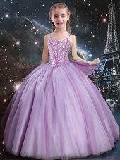 Fashionable Sleeveless Tulle Floor Length Lace Up Party Dress Wholesale in Lilac with Beading