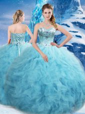 Aqua Blue Quinceanera Dress Military Ball and Sweet 16 and Quinceanera with Beading and Pick Ups Sweetheart Sleeveless Lace Up